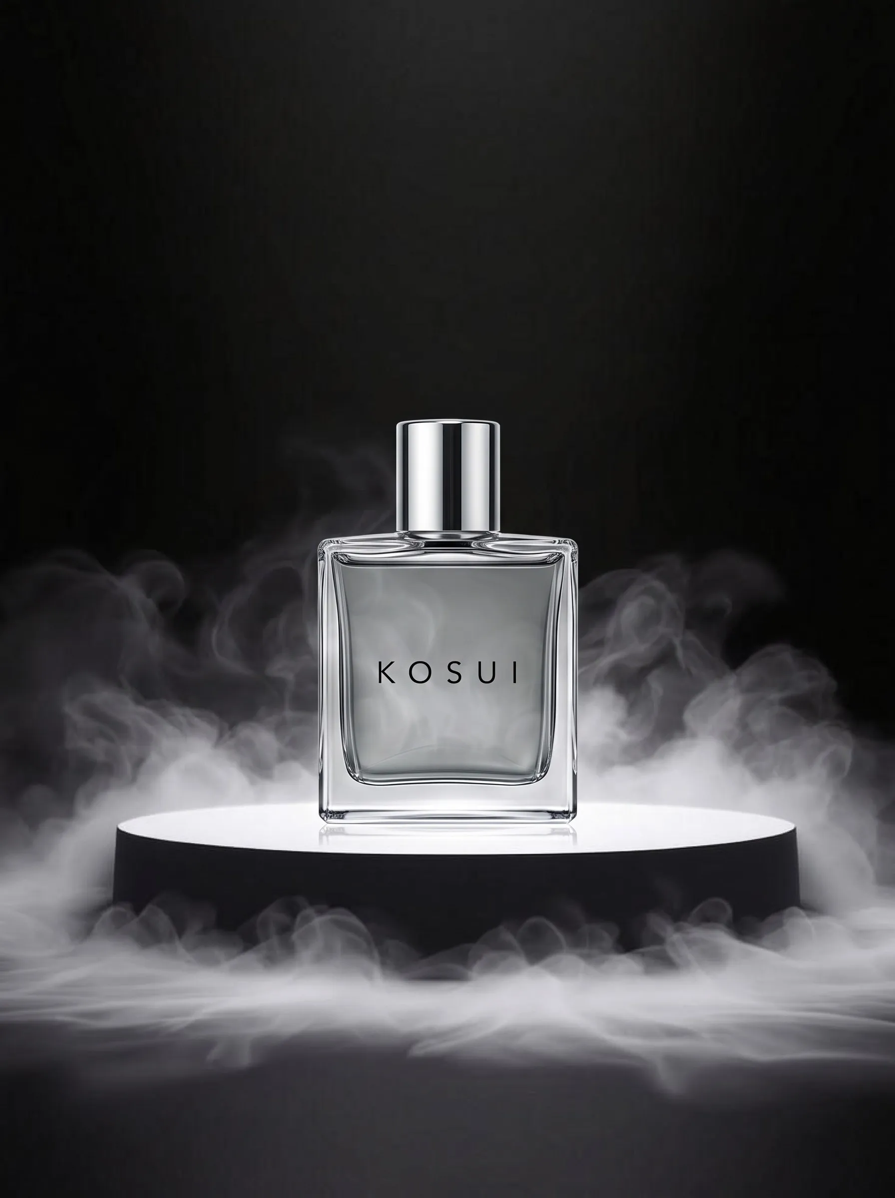 Botol parfum Kosui dari kristal bening berisi cairan abu-abu, dengan tutup perak, berdiri di atas panggung bundar yang menyala di tengah asap putih